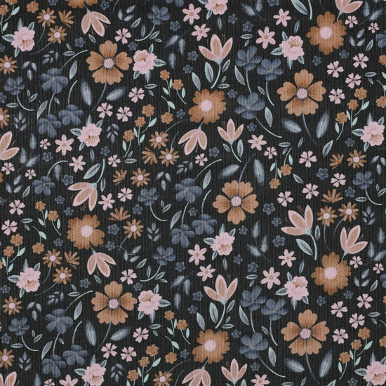 Ribfluweel - Digital Flowers - Zwart