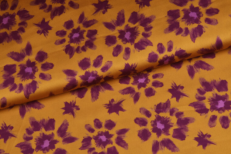 Satijn - Purple Flowers - Okergeel