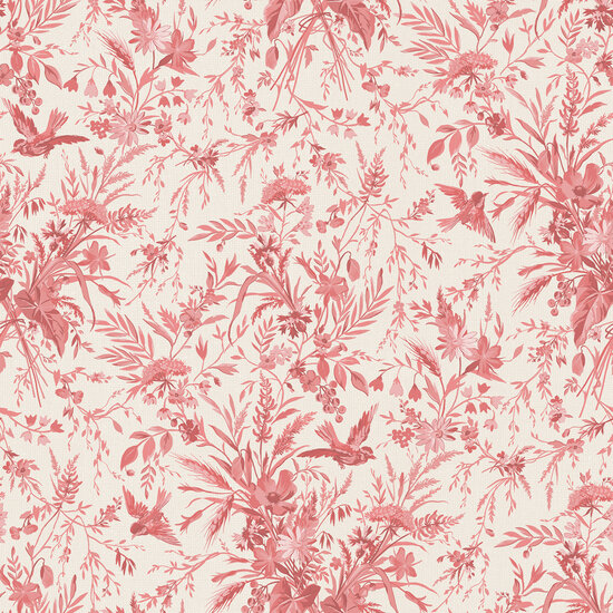 Katoen - Pink-Red Flowers and Birds - Roze