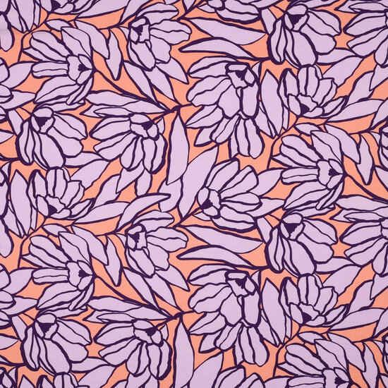 Ecovero Viscose - Inked Bouquet - Perzik-Lavendel