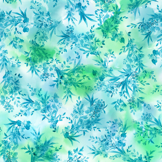 Katoen - Meandering Flowers - Blauw-Groen