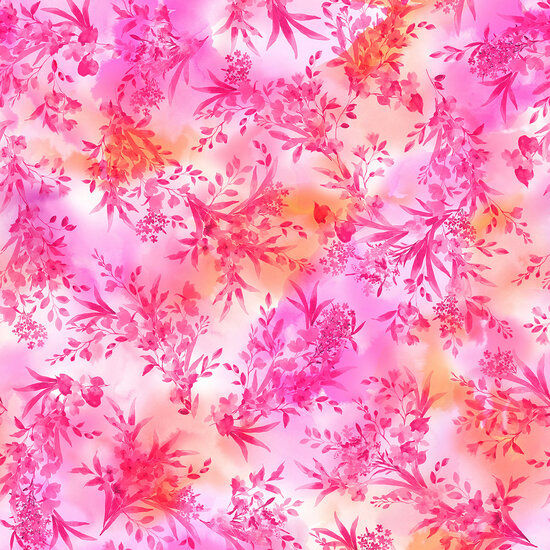 Katoen - Meandering Flowers - Oranje-Roze