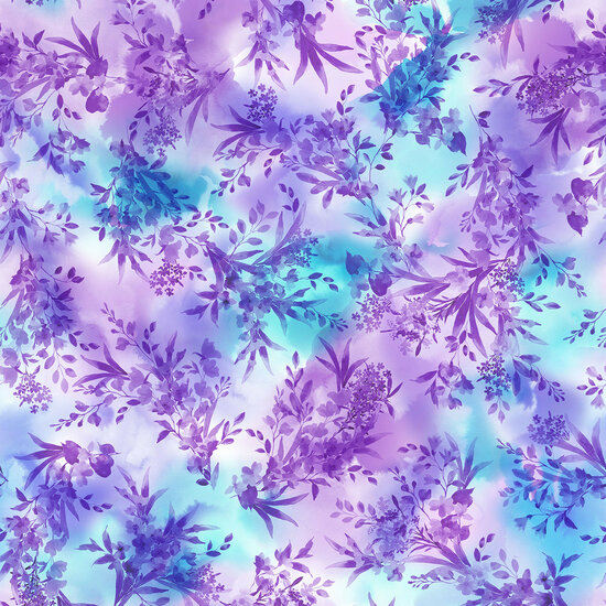 Katoen - Meandering Flowers - Blauw-Paars
