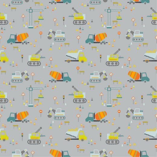 Poplin Construction Vehicles Lichtgrijs