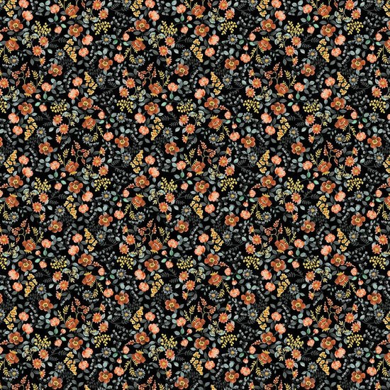 Poplin - Floral - Zwart/Oranje