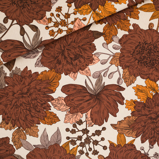 Canvas Gabardine Twill - Peonies - Amandel Perzik Grijs