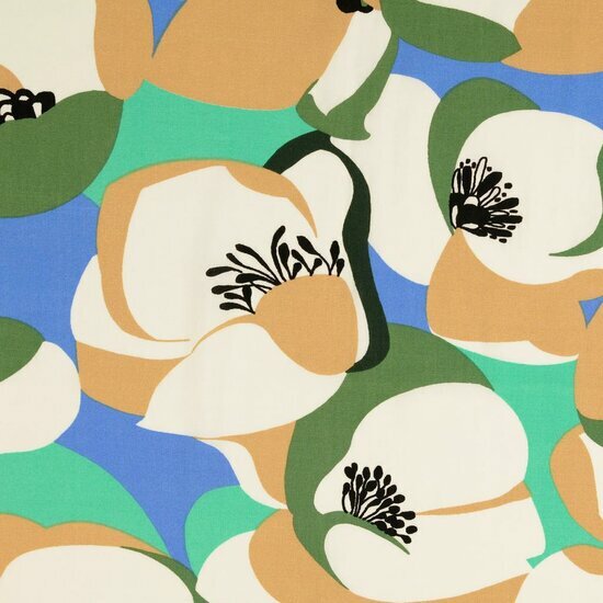 Viscose Stretch - Bloemen - Blauw/Groen