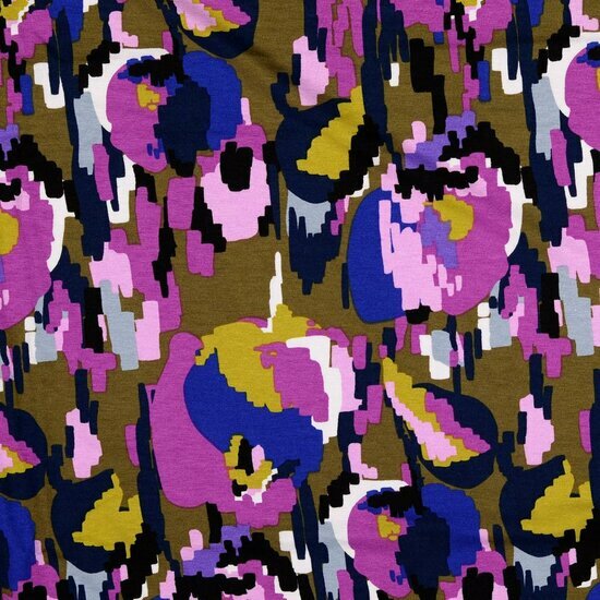 Viscose Jersey - Flowers - Olijfgroen-Paars