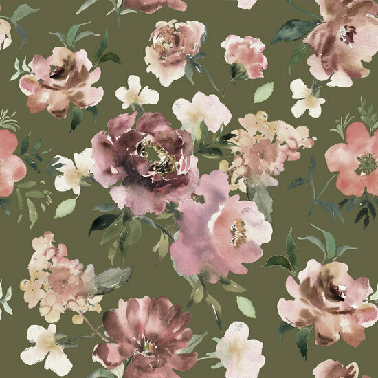 Poplin - Digital Flowers - Olijfgroen