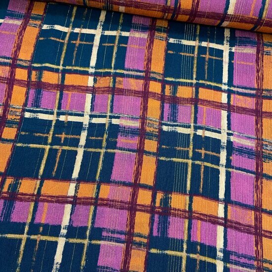 Viscose - Shiny Madras Check - Navy-Oranje-Fuchsia