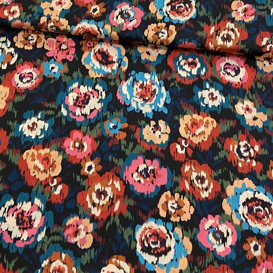 Satijn - Colourful Flowers - Zwart