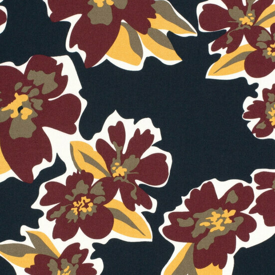 Viscose Twill - Flowers - Marine