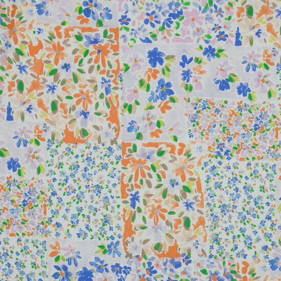 Viscose - Patchwork Flowers - Indigo-Oranje