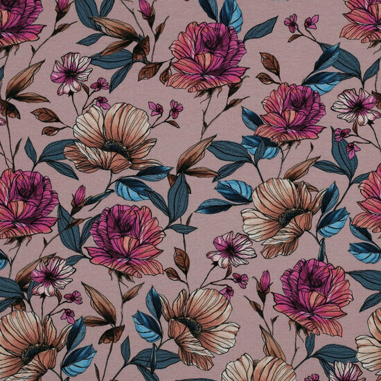Jersey - Big Flowers - Roze