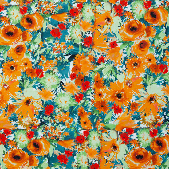 Jersey - Bloemen - Petrol-Oranje