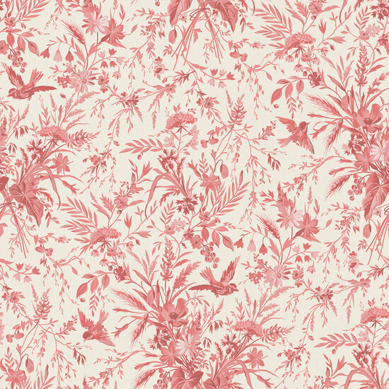 Katoen - Pink-Red Flowers and Birds - Roze