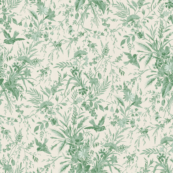 Katoen - Green Flowers and Birds - Groen