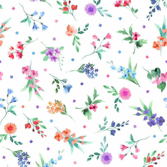 Katoen - Multi Tossed Flowers - Wit