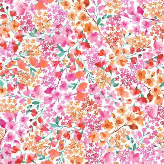 Katoen - Pink - Orange Packed Flowers - Wit