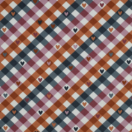 Flanel - Check with Hearts - Mauve-Jeansblauw