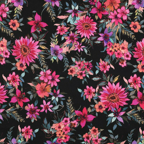 Katoen Satijn - Flowers - Zwart