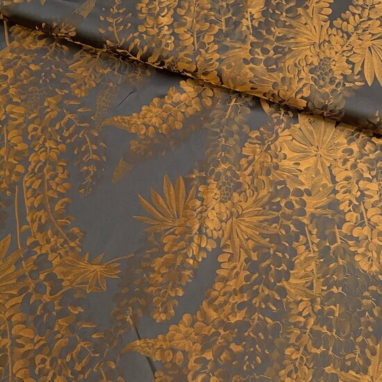Jacquard Satijn - Leaves - Grijs-Oranje