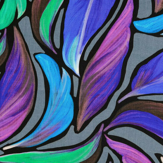 Viscose Twill - Leaves - Grijs