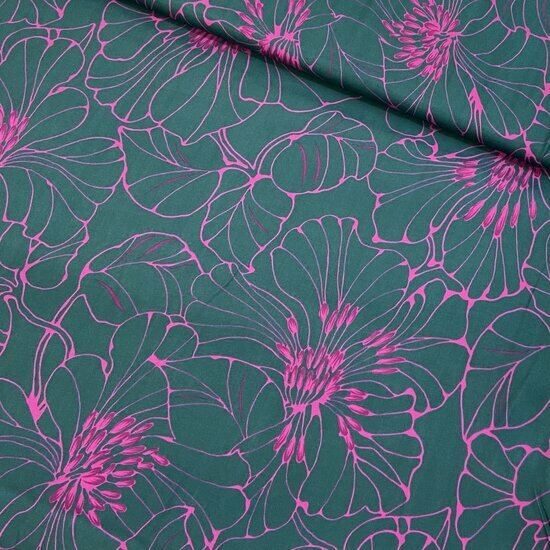 Viscose Satijn - Bloemen - Donkergroen
