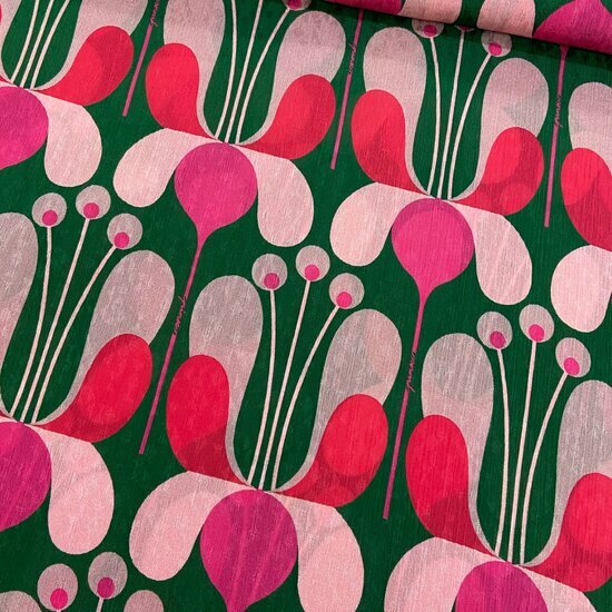 Jacquard Crepe - Abstracte Roze Bloemen - Groen