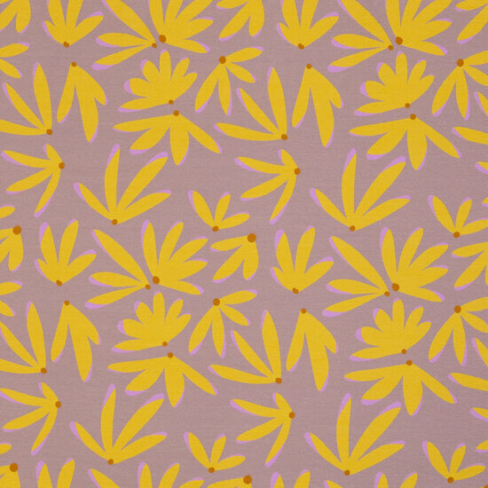 French Terry - Gele bloemen - Mauve