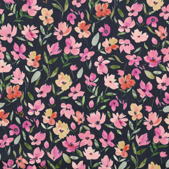 Ribfluweel - Flowers - Navy