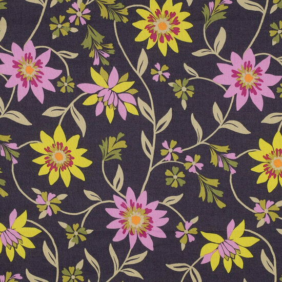 Katoen Voile - Flowers - Donkerpaars