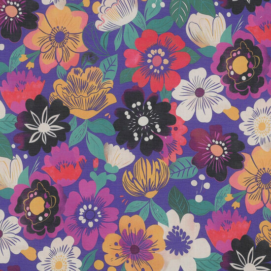 Katoen Voile - Flowers - Kobalt