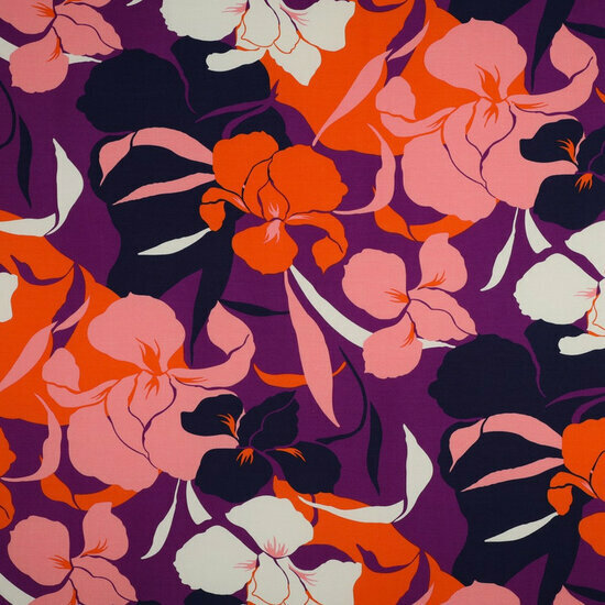 Viscose Stretch - Flowers - Paars