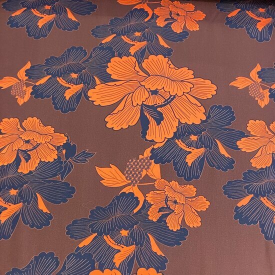 Satijn Viscose - Japanese Flower - Bruin