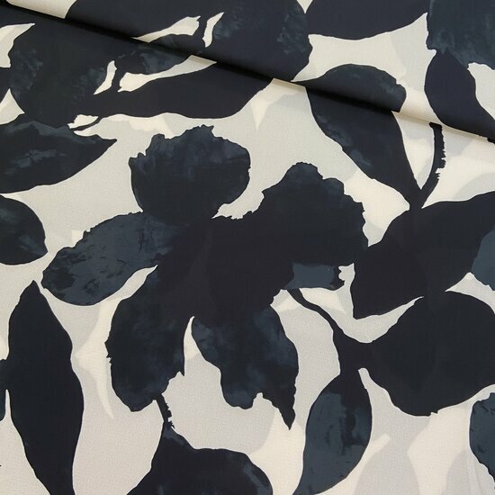 Crepe - Black Flowers - Ecru