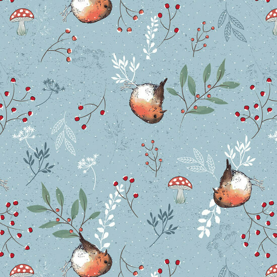 Katoen - Little Red Robin Berries - Lichtblauw
