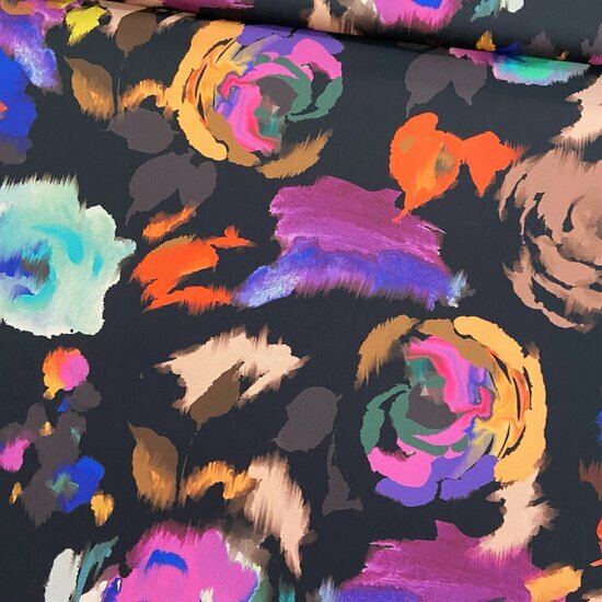 Crepe - Colored Flowers - Zwart