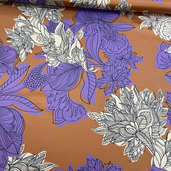 Satijn - Flowers - Paars-Bruin