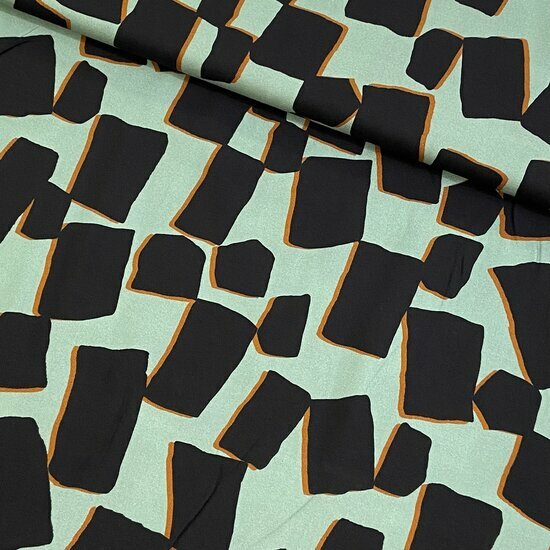 Viscose - Black Abstract Rectangles - Turquoise