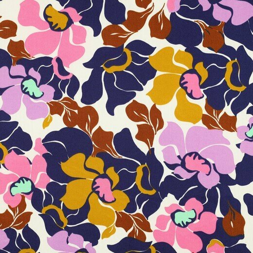 Katoen Satijn - Pink and Blue Flowers - Wit