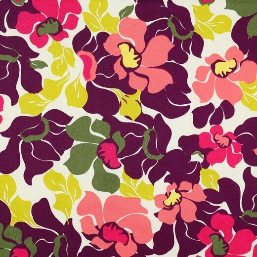 Katoen Satijn - Purple, Pink and Green Flowers - Wit