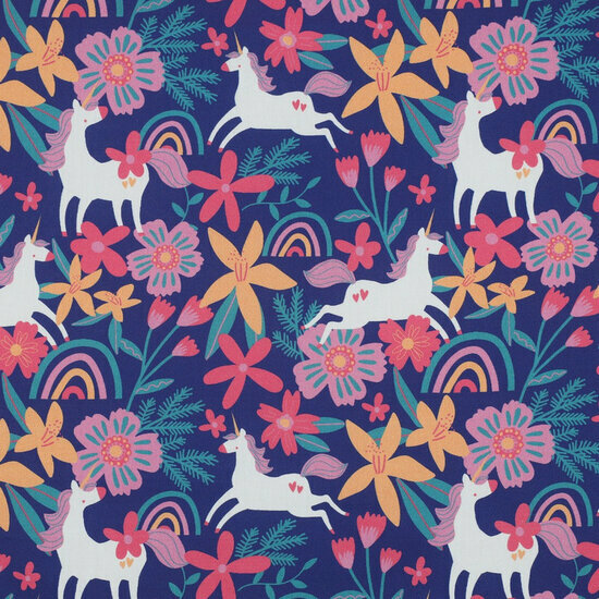 Poplin - Flowers and Unicorns - Kobalt