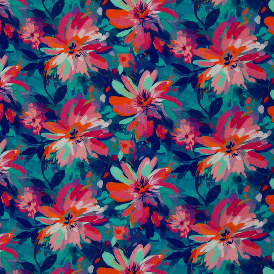Viscose Stretch - Flowers - Aqua
