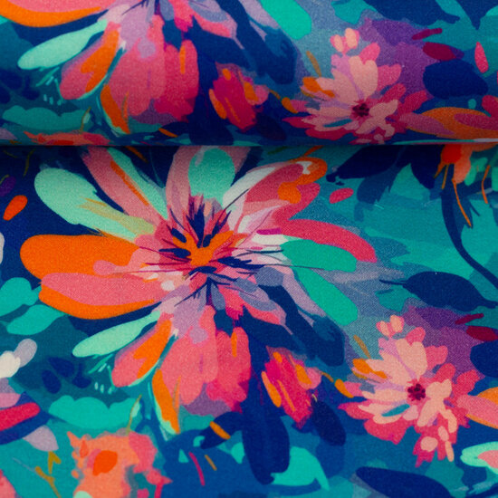Viscose Stretch - Flowers - Aqua