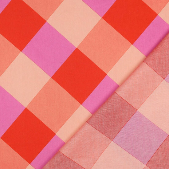 Katoen Satijn - Large Gingham - Oranje-Roze