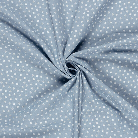 Katoen - Bloemetjes - Licht Jeansblauw