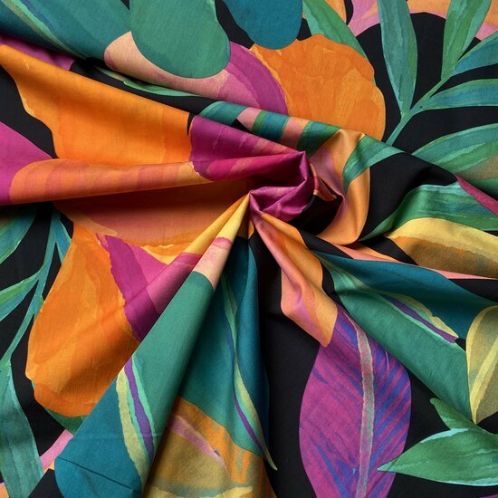 Katoen - Big Flowers - Zwart