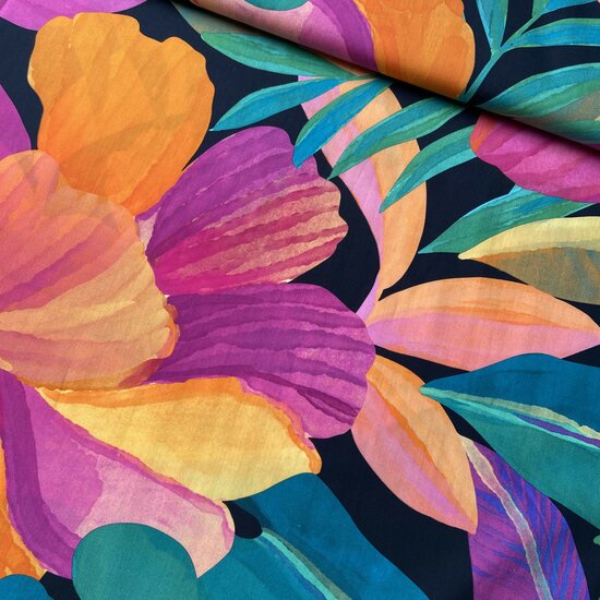 Katoen - Big Flowers - Zwart