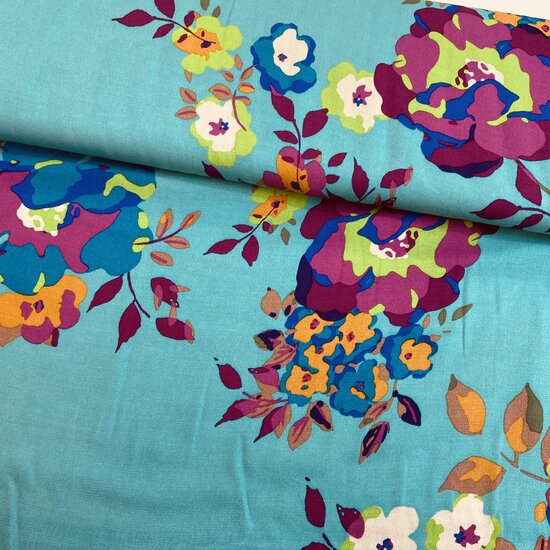 Viscose - Flowers - Aqua